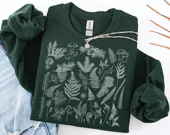 Sudadera con estampado botánico otoñal, cuello redondo con helechos y setas, suéter estilo cottagecore, jersey con estética forestcore, regalo para amantes de las plantas