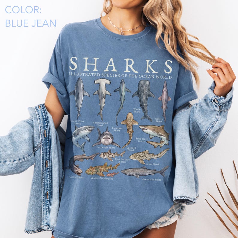 May include: A blue jean colored t-shirt featuring a graphic print titled SHARKS ILLUSTRATED SPECIES OF THE OCEAN WORLD. The design displays various shark species with their names printed underneath each, including Great White, Hammerhead, and Greenland.