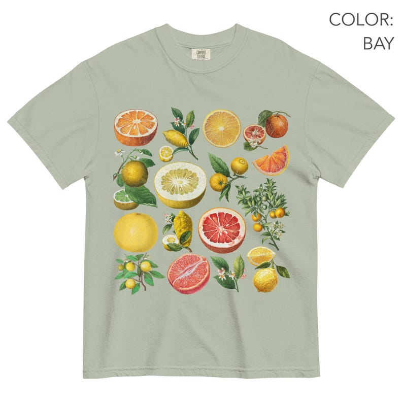May include: A bay-colored t-shirt featuring a graphic print of various citrus fruits, including oranges, grapefruits, and lemons, displayed as whole fruits, halved sections, and small leafy branches with blossoms, arranged in a central cluster.