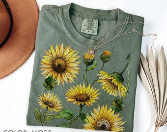 Sunflower Shirt Comfort Colors®, Vintage Botanical Floral Shirt, Wildflower Boho Tee, Cottagecore Tee, Sunflower Lover Gift, Seed Flower Tee