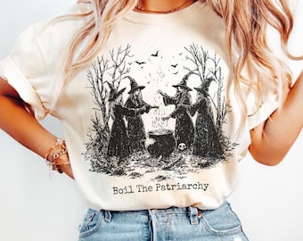 Camiseta Feminista Bruja Vintage Halloween Colores Cómodos, Hierve el Patriarcado, Camiseta de los Juicios de Brujas de Salem, Camiseta de Bruja Cottagecore, Vibras de Bruja