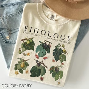 Retro vijgen botanisch shirt comfortkleuren, vintage figology fruit shirt, tuinieren T-shirt, botanisch shirt, plantenliefhebber cadeau, cottagecore shirt