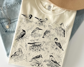 Vintage Vogel Linolschnitt Shirt Comfort Colors®, Botanisches Vogel Shirt, Waldvogel Shirt, Cottagecore Wald Natur Shirt, Vogelbeobachter Geschenk