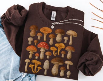 Vintage sweatshirt met paddenstoelen, ronde hals botanische schimmels, esthetische trui Cottagecore Forestcore, paddestoelverzamelaarscadeau, cadeau natuurliefhebber