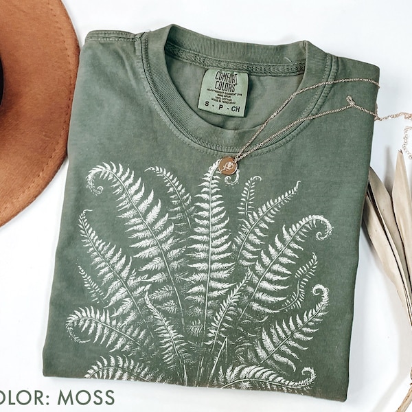 Camiseta Forest Fern Comfort Colors®, Camiseta Vintage Linocut con Hojas de Helecho, Camiseta Dark Academia, Camiseta Botánica, Camiseta con Estética Cottagecore de Naturaleza