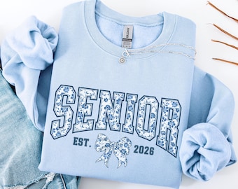 Senior 2026 Sweatshirt, Coquette Bow Senior Crewneck, Chinoiserie Blue Floral Toile Jouy Graduation Sweater, Class of 2026 Gift, Senior Gift