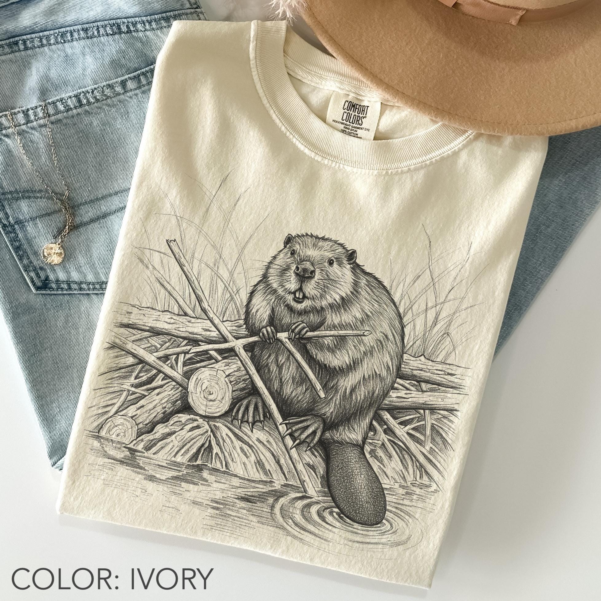 Vintage Beaver Shirt Comfort Colors, Wildlife Doodle Shirt