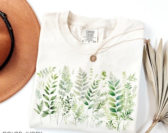 Camiseta con hojas de helecho botánico Comfort Colors®, camiseta con follaje verde, camiseta con plantas de estética natural, camiseta con estilo rústico y bosque, regalo para amantes de las plantas