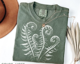 Camiseta linograbada Forest Fern Comfort Colors®, camiseta botánica vintage con hojas de helecho, camiseta Dark Academia Nature, camiseta bohemia con estética cottagecore