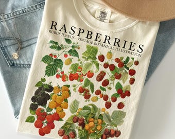 Frambozen botanisch shirt comfortabele kleuren, vintage frambozenshirt, esthetiek T-shirt Berry Fruit, Cottagecore Garden-shirt, cadeau fruitliefhebber