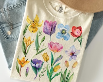 Camiseta vintage con flores prensadas Comfort Colors®, camiseta estilo boho cottagecore, camiseta floral botánica, camiseta de flores silvestres, regalo para jardineros, regalo para amantes de las plantas