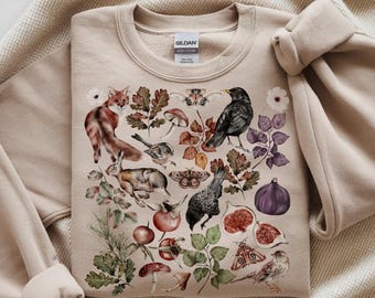 Woodland Creatures Sweatshirt, Cottagecore Forest Animals Crewneck, Dark Academia Botanical Sweater,  Fox Rabbit Bird Mushroom & Fig Shirt