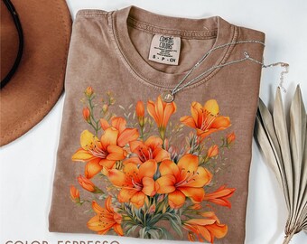 Orange Lily Flower Shirt Comfort Colors, Vintage Tiger Lily Shirt