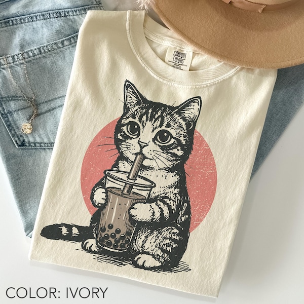 Boba Tea Cat Shirt Comfort Color®, Cute Cat Drinking Bubble Tea Shirt, Vintage Tattoo Style Cat Tee, 90s Aesthetic Cat Shirt, Cat Lover Gift