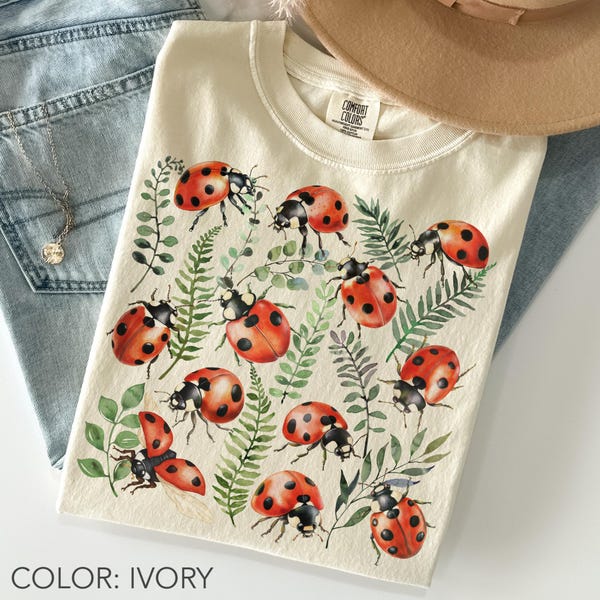 Camiseta de mariquita Comfort Colors®, camiseta botánica de insectos, camiseta vintage de escarabajos, camiseta retro de insectos, camiseta cottagecore de jardín, camiseta para amantes de la naturaleza