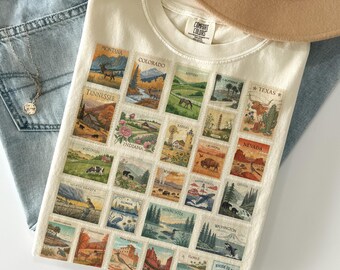 Koszulka z nadrukiem znaczka pocztowego stanu USA Comfort Colors®, koszulka podróżnicza Vintage America, koszulka z grafiką o parku narodowym, prezent dla miłośnika podróży samochodem, koszulka pocztówkowa