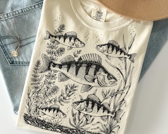 Camiseta vintage de peces Comfort Colors®, camiseta con estampado de perca de agua dulce, camiseta gráfica de pescador con garabatos, camiseta de naturaleza con peces de lago, regalo para amantes de la pesca