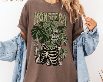 Monstera Skeleton Shirt Comfort Colors®, Gothic Botanical Plant Tee, Cottagecore Tee, Skull & Leaves Shirt, Halloween House Plant Lover Gift