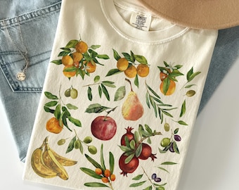 Fall Fruit Shirt Comfort Colors®, Botanical Harvest Tee, Vintage Cottagecore Orchard Shirt, Pomegranate Pear Olive Apple Tee, Gardener Gift