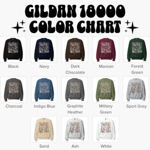Puede incluir: Una carta de colores para sudaderas Gildan 18000, que muestra varios colores como negro, azul marino y granate. Cada sudadera muestra un dise&ntilde;o floral. El texto "GILDAN 18000 COLOR CHART" est&aacute; en la parte superior.