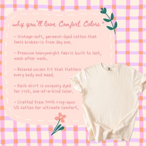 May include: A plain off-white short-sleeve t-shirt displayed against a pink and orange checkered background. The image includes text describing Comfort Colors features: vintage-soft garment-dyed cotton, heavyweight fabric, and ring-spun US cotton.