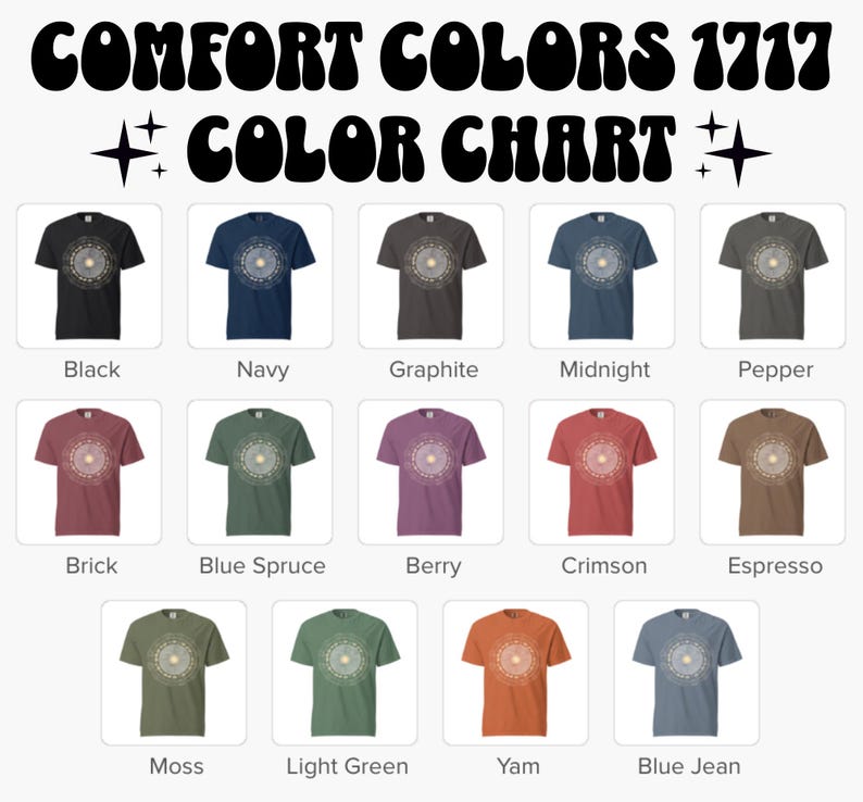 Pode incluir: Um gr&aacute;fico de cores exibe camisetas pretas, azul marinho, grafite e meia-noite. O texto "COMFORT COLORS 1717 COLOR CHART" est&aacute; no topo. Cada camisa apresenta um design circular.