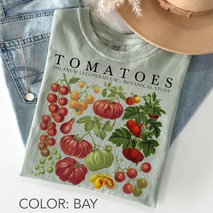 May include: A light green t-shirt with a botanical illustration of various tomatoes, including red, yellow, and green varieties. The text "TOMATOES SOLANUM LYCOPERSICUM - BOTANICAL STUDY" is printed above the illustration. The shirt is labeled "COLOR: BAY".