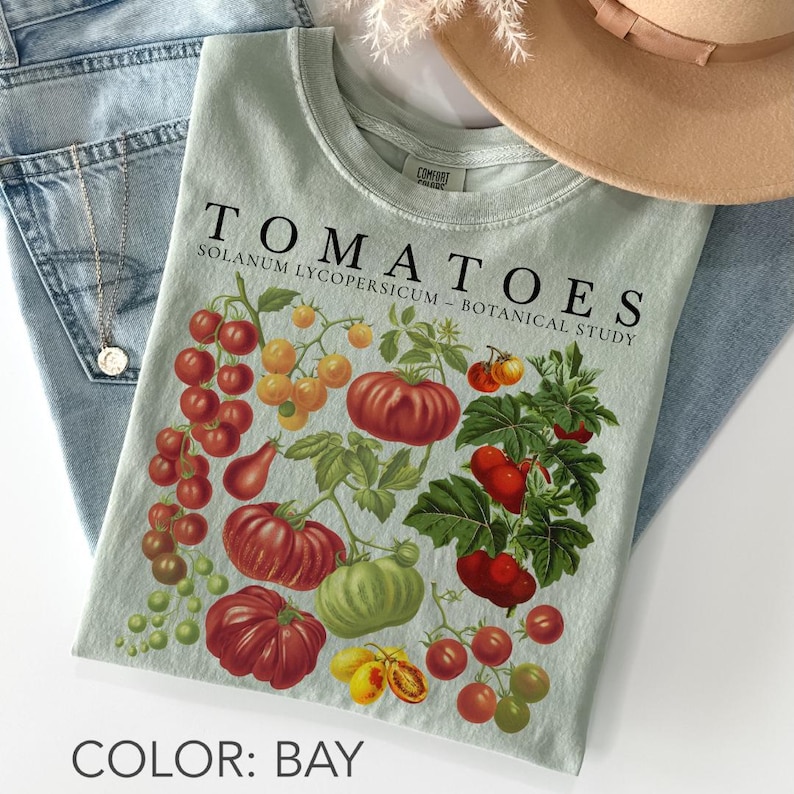 May include: A light green t-shirt with a botanical illustration of various tomatoes, including red, yellow, and green varieties. The text "TOMATOES SOLANUM LYCOPERSICUM - BOTANICAL STUDY" is printed above the illustration. The shirt is labeled "COLOR: BAY".