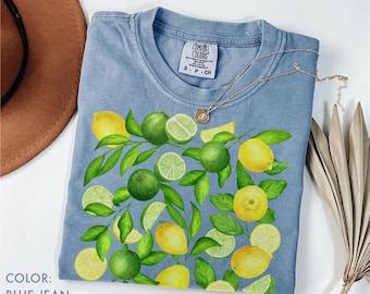 Camiseta com estampa de limão e lima Comfort Colors®, camiseta retrô com frutas cítricas, camiseta botânica, camiseta com estampa de frutas, presente para amantes de frutas com estilo cottagecore e jardim.