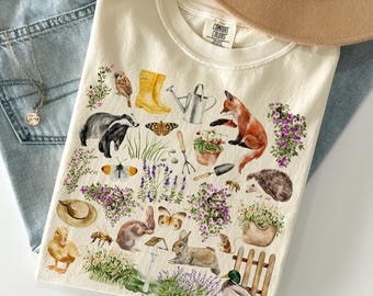 Cottagecore Garten Shirt Comfort Colors®, Waldtier Shirt, Fox Bunny Igel T-Shirt, Forestcore Natur Ästhetik Top, Geschenk für Gärtner