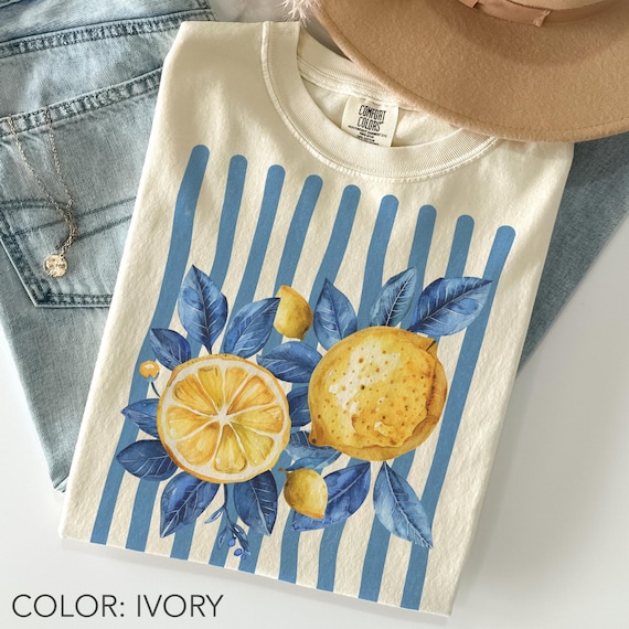 Lemon Shirt Comfort Colors®, Blue Toile Citrus Botanical Shirt, Cottagecore Nature Shirt, Coquette Summer Aesthetic Tee, Vintage Fruit Shirt