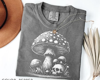 Mushroom Skull Shirt Comfort Colors, Vintage Linocut Forest Mushroom Tee, Dark Cottagecore Nature Shirt, Gothic Woodland Aesthetic Shirt