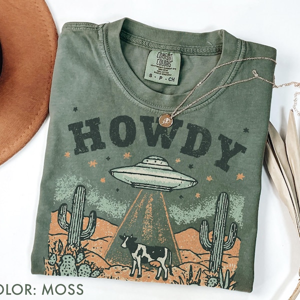 Camisa de vaca occidental Howdy UFO, colores cómodos, camisa retro de vaquero alienígena, camisa vintage de cactus del desierto de los 90, camisa de animal de granja Y2K, regalo para amantes de las vacas