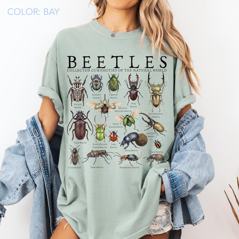 Puede incluir: Una camiseta verde claro con la palabra "BEETLES" y la frase "COLLECTED CURIOSITIES OF THE NATURAL WORLD" impresa. La camiseta presenta ilustraciones de varios escarabajos, incluidos los escarabajos Goliat, Tit&aacute;n y Ciervo. La camiseta es de corte holgado.