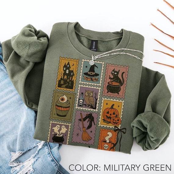 Halloween Postage Stamps Sweatshirt, Vintage Spooky Crewneck, Retro Fall Stamp Sweater, Autumn Party Pullover, Cozy Halloween Vibes Gift