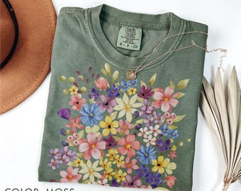 Shirt wilde bloemen Comfort Colors®, shirt vintage geperste bloemen, boho cottagecore-shirt, T-shirt met botanisch bloemenmotief, shirt retro naturel esthetiek