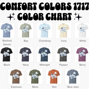 Peut inclure: Un nuancier pr&eacute;sente des couleurs de t-shirts, notamment Washed Denim, Bay, Chambray, Ivory et White. Chaque chemise arbore un motif d'astronaute dans les nuages. Le texte "COMFORT COLORS 1717 COLOR CHART" est en haut.
