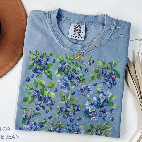Camiseta de arándanos Comfort Colors, camiseta botánica de arándanos vintage, camiseta de frutas, camiseta de jardín, camiseta de mercado de agricultores, camiseta de naturaleza cottagecore