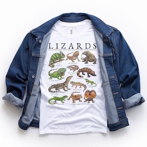 Könnte beinhalten: Ein weißes T-Shirt mit einem Grafikdruck mit dem Titel LIZARDS ILLUSTRATED SPECIES OF THE NATURAL WORLD, das verschiedene Echsenarten mit Beschriftungen zeigt, unter einer dunkelblauen Jeansjacke mit langen Ärmeln und Metallknöpfen.