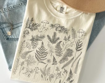 Camiseta de otoño con estampado botánico de bosque Comfort Colors®, camiseta con estampado de helechos y setas, camiseta Nature Forestcore, camiseta Cottagecore, regalo para amantes de las plantas de otoño