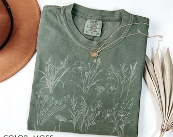 Wild Flowers Linocut Shirt Comfort Colors®, Vintage Press Flowers Botanical Shirt, Cottagecore Floral Shirt, Wildflowers Shirt, Garden Gift