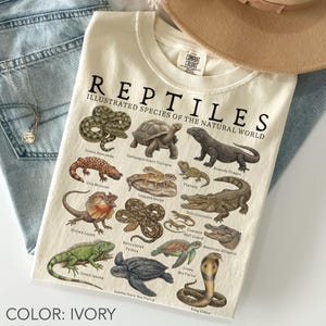 Può includere: Una t-shirt color avorio con il testo REPTILES ILLUSTRATED SPECIES OF THE NATURAL WORLD e illustrazioni dettagliate di vari rettili, tra cui un'anaconda verde, una tartaruga gigante delle Galapagos, un drago di Komodo, un mostro di Gila, un geco leopardo, un tuatara, un clamidosauro, un pitone reticolato, un coccodrillo del Nilo, una lucertola muraiola, un alligatore americano, un'iguana verde, una tartaruga liuto e un cobra reale.