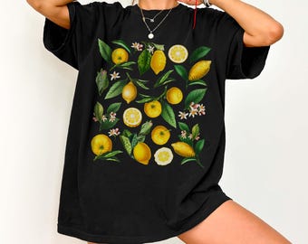 Camiseta de limón con colores cómodos, camiseta botánica, camiseta cítrica, camiseta vintage de limón, camiseta de naturaleza cottagecore, camiseta de jardín, regalo para amantes de la fruta