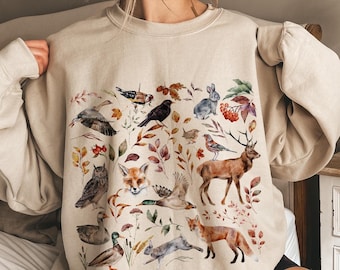 Waldtiere Sweatshirt, Waldtiere Pullover, Cottagecore Natur Rundhalsausschnitt, Fuchs Hirsch Hase Vogel Shirt, Botanische Wildtier Liebhaber Geschenk