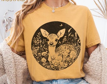 Deer Fawn Linocut Shirt Comfort Colors®, Woodland Graphic Tee, Baby Deer Tee, Cottagecore Tee, Rustic Nature Aesthetic, Forest Wildlife Gift