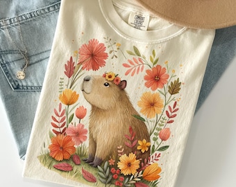 Capybara Wildflowers Shirt Comfort Colors®, Cute Capybara Flower Shirt, Animal Tee, Nature Lover Gift, Cottagecore Aesthetic Botanical Shirt