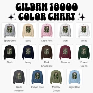May include: A color chart for Gildan 18000 sweatshirts, showcasing various colors like sport grey, sand, light pink, black, navy, and forest green. Each sweatshirt features a skeleton graphic. The chart includes the text "GILDAN 18000 COLOR CHART".