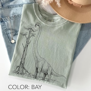 Op de afbeelding: Lichtgroen T-shirt met een zwart-wit illustratie van een Brachiosaurus dinosaurus die van een boom eet. Het shirt is op een blauwe spijkerbroek gevouwen. De tekst "COLOR: BAY" staat onderaan de afbeelding.
