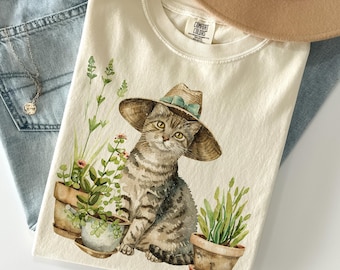 Cat And Plant Shirt Comfort Color®, Gardening Cat Shirt, Cottagecore Animal Shirt, Botanical Nature Shirt, Plant Mom Gift, Gift For Gardener