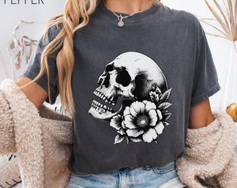 Gothic Floral Skull Shirt Comfort Colors, Vintage Skull Peony Shirt, Dark Aesthetic Tee, Unisex Alternative Goth Tee, Skeleton Flower Shirt